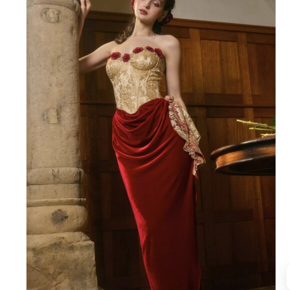 Dresses & Skirts - Victorian Gold Corset Boned Velvet Maxi Dress